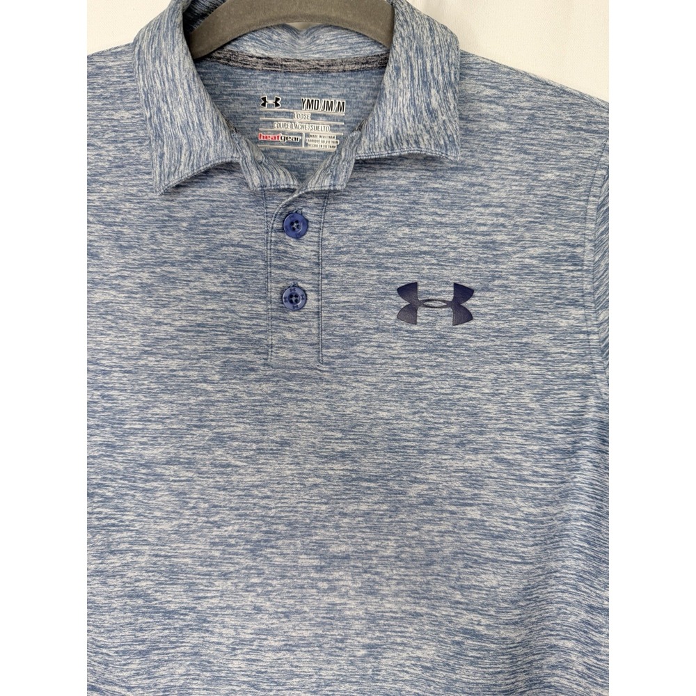 Under Armour Boys Youth Medium Blue Heather Performance Polo Shirt Heat Gear - Picture 2 of 6